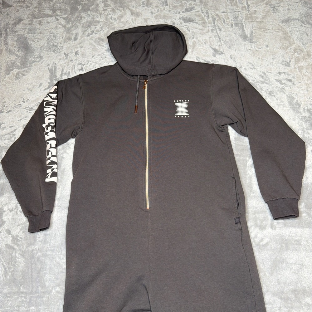 Savage X Fenty Women's Small Hooded Jumpsuit One Piece Gray Zip Front Lounge - Picture 2 of 10
